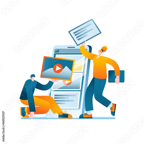 The SMM promotion team develops a content plan for the development of the company's account. The concept of a vector illustration on the topic of promotion in social networks.