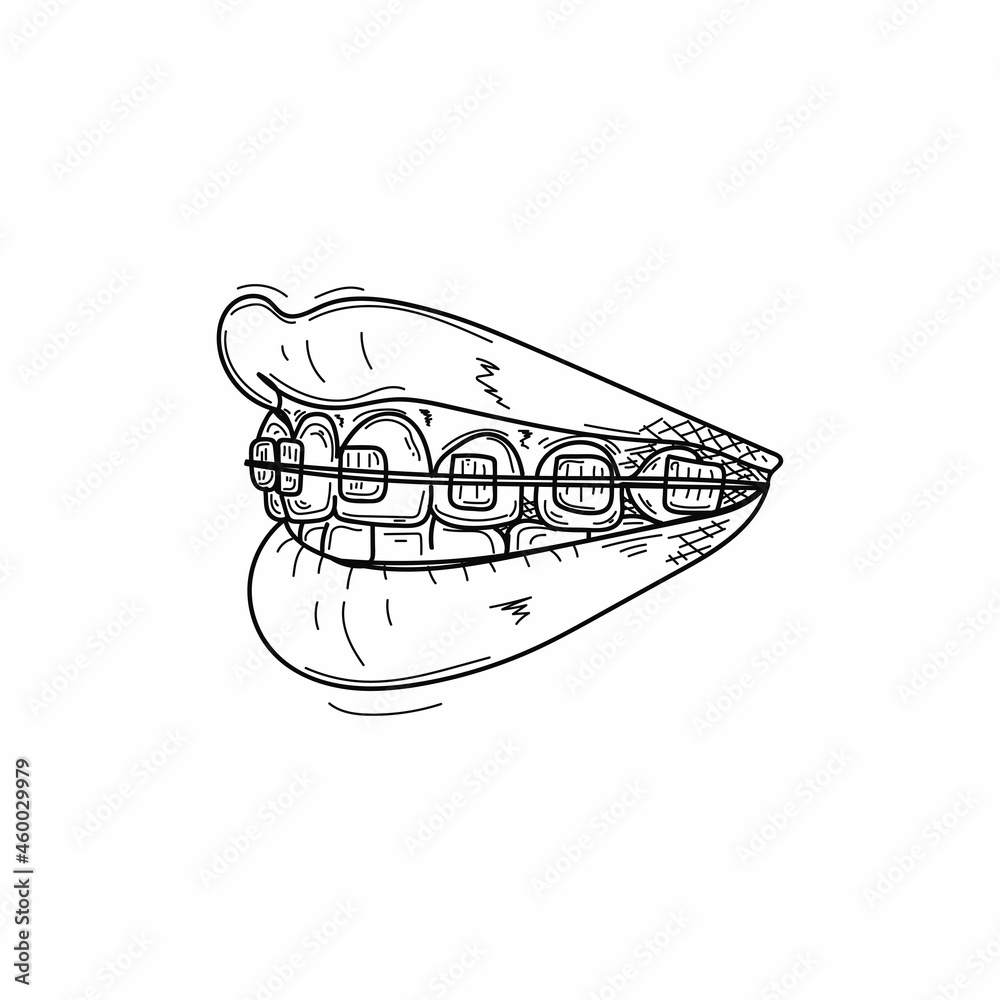 Drawing, engraving, ink, line art, vector illustration mouth with teeth