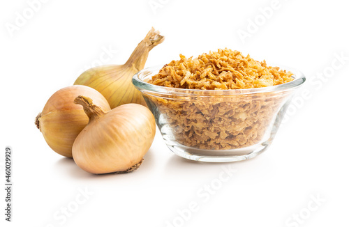 Pieces of fried onions in bowl.