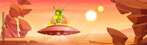 Cute martian in ufo on Mars red alien planet landscape. Extraterrestrial comer with green skin and huge eyes sit in saucer show victory gesture. Fantastic space cartoon character Vector illustration