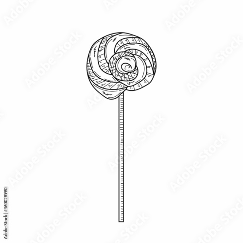 Drawing, engraving, ink, line art, vector illustration one lollipop sweet christmas candy sketch in silhouette on a white background.