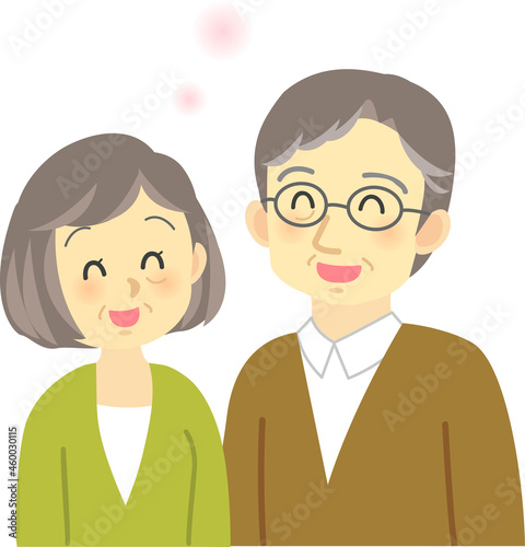 イラスト素材:老夫婦が向かい合って寄り添い微笑み合うほのぼのとした場面

