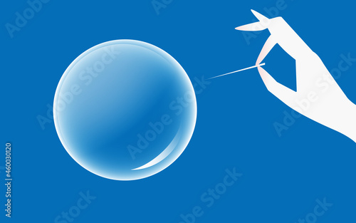 Vector illustration of a person trying to pierce a bubble with a needle.