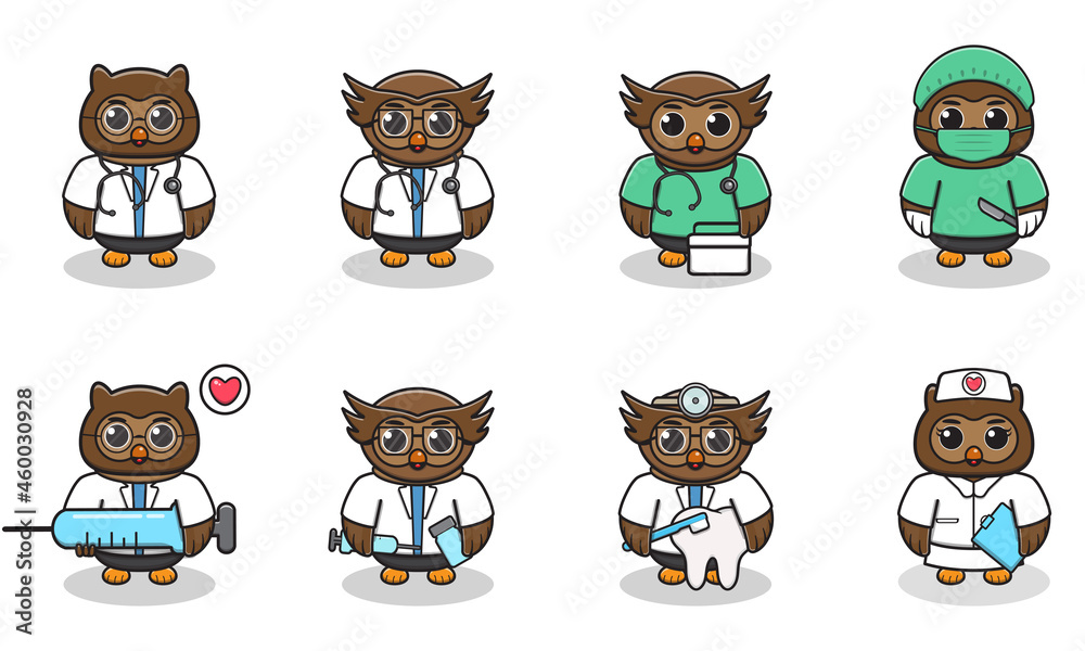Vector illustration of Cute Character Cartoon of Owl Doctor. Good for label, sticker, clipart. white isolated background Vector illustration of Cute Character Cartoon of Owl Doctor. Good for label, sticker, clipart. white isolated background