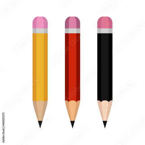 Pencils. Three pencils with a regular pencil lead and different colors. A subject for writing and drawing. Vector illustration isolated on a white background for design and web.