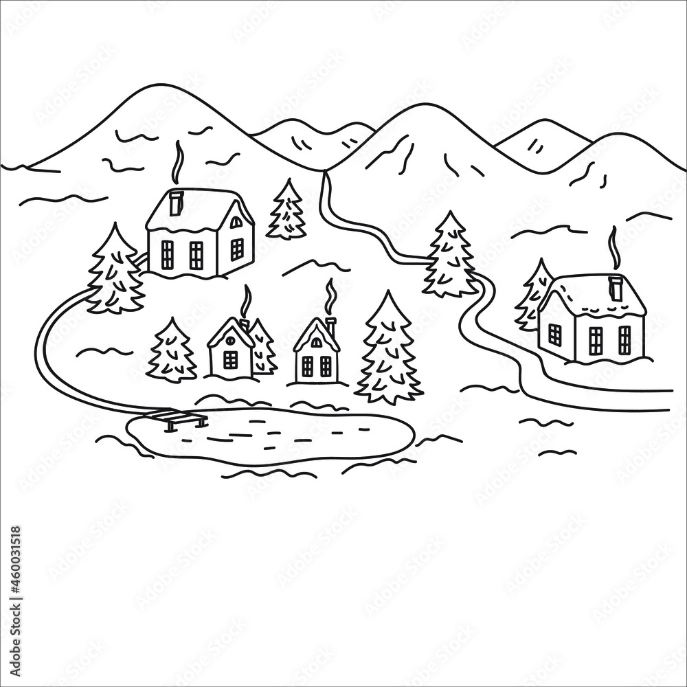Winter landscape with houses, fir trees, lake and mountains.Black and white illustration isolated on white background.Christmas houses.
