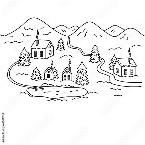 Winter landscape with houses, fir trees, lake and mountains.Black and white illustration isolated on white background.Christmas houses.
