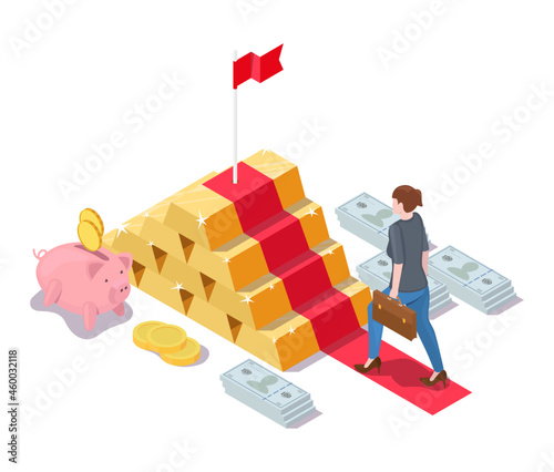 Business woman climbing gold ingot stairs with flag on top, vector isometric illustration. Financial success, investing.