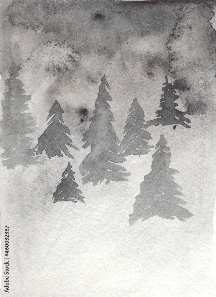 Watercolor gray winter background with fir trees