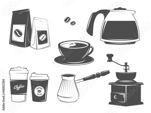 Set of vector coffee packages, turk, coffee grinder, cups, beans and pot. Accessories for brewing. Vintage elements for cafe or shop