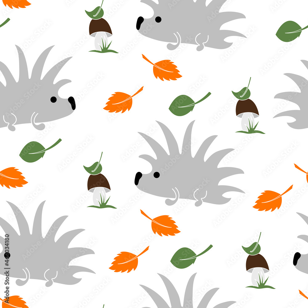 Funny hedgehog with mushroom and leaves seamless pattern on white background. Funny hedgehog with mushroom and leaves seamless pattern on white background.