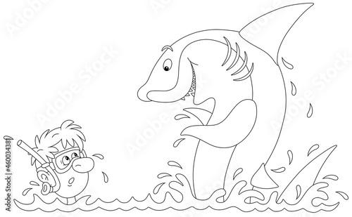 Dangerous adventure of a funny intrepid diver with a mask and a snorkel swimming in a tropical sea near a curious great white shark  black and white outline vector cartoon for a coloring book page