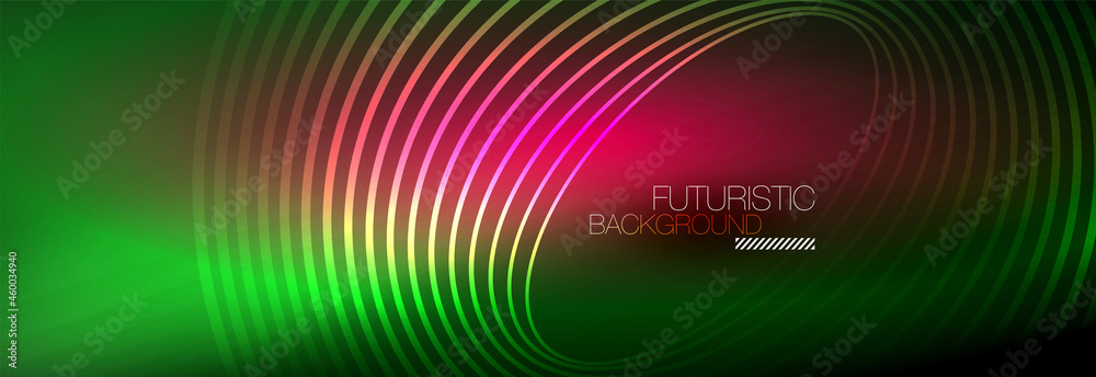 Dark abstract background with glowing neon circles. Trendy layout template for business or technology presentation, internet poster or web brochure cover, wallpaper
