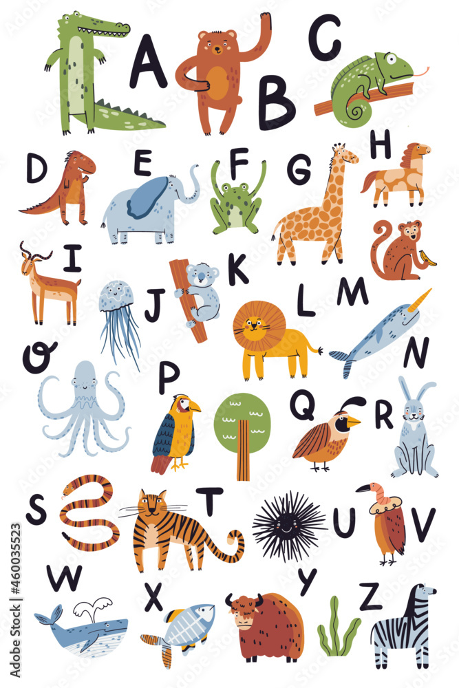 Cute nursery ABC poster with animals vector illustration. Tiger, monkey, yak, elephant, quail, tiger, lion doodle drawings on white background. Flat wild and sea animals, vector alphabet poster