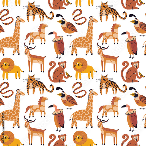 Cute wild animals seamless pattern. Cartoon tiger, monkey, lion, impala, horse, snake, vulture, quail doodle drawings on white background. Flat african animals textile vector print design © vikigreen