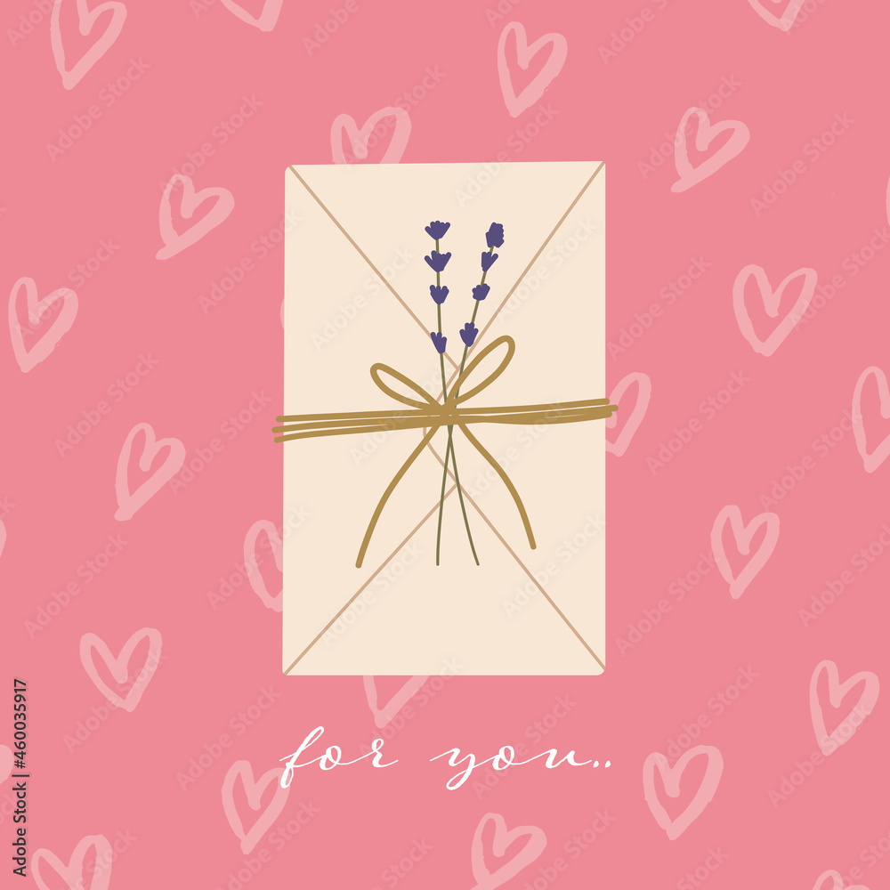 envelope with lavender flower. vector illustration for valentine, birthday, and greeting cards.