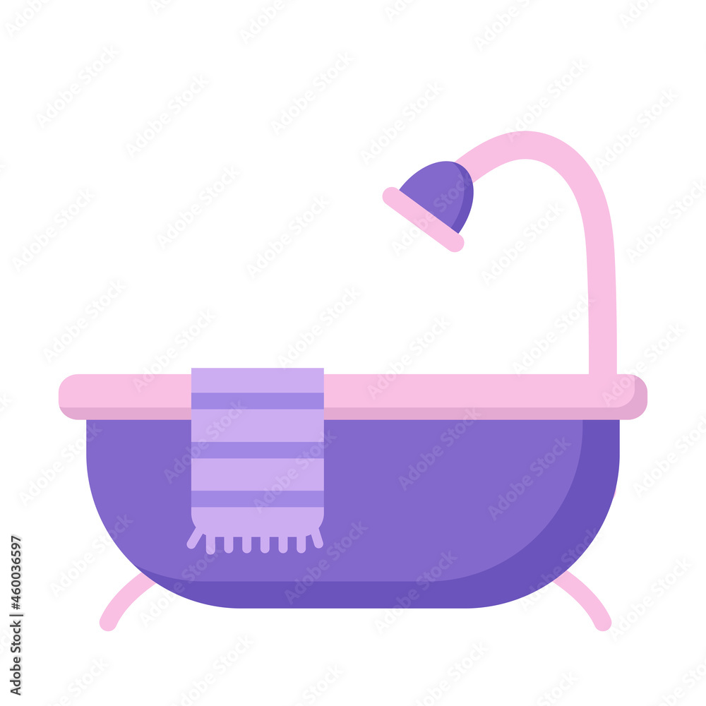 Bath with shower and towel, vector illustration in cartoon flat style. Body care, hygiene, relax and spa concept. Bathroom interior. Retro bathtub. Beauty care icon Bath with shower and towel, vector illustration in cartoon flat style. Body care, hygiene, relax and spa concept. Bathroom interior. Retro bathtub. Beauty care icon