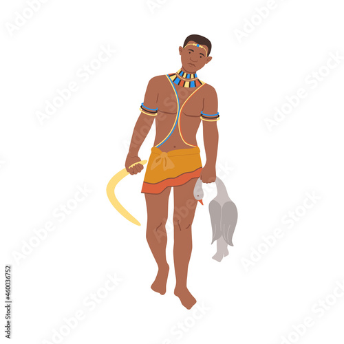 Young African man in traditional national clothes hunting with boomerang, cartoon vector illustration