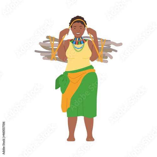 Young plump African woman in traditional national clothes carrying bundle of brushwood cartoon vector illustration