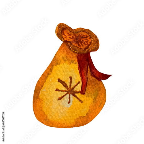 Watercolor illustration of a bag of gifts for Christmas. Drawn by hand with watercolors and suitable for all types of design and printing.