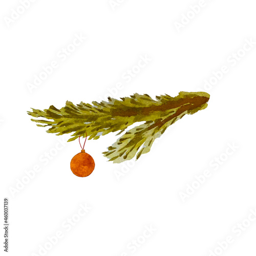 Watercolor illustration of a fir branch with a toy. Drawn by hand with watercolors and suitable for all types of design and printing.