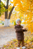 Little cute boy in an autumn coat and cap plays in an autumn park with yellow leaves and a toy teddy bear. Autumn mood