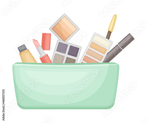 Female skin care cosmetic products in cosmetic bag. Turquoise bag full of typical woman things and accessories as eyeshadow, lipstick, blush, cream vector illustration