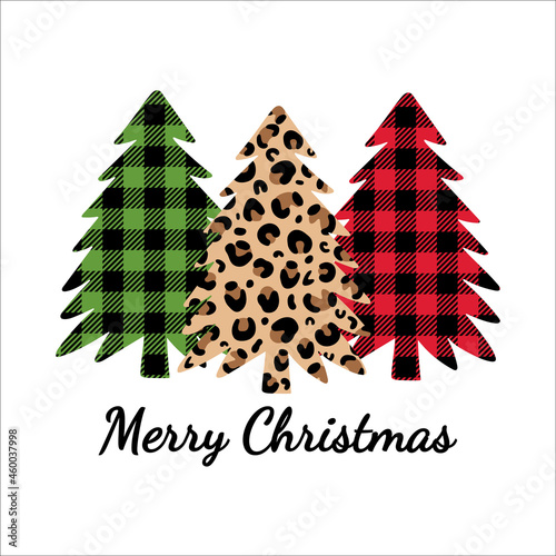 Merry Christmas Leopard print and Buffalo plaid ornament. Christmas trees with leopard print and buffalo plaid patterns. Winter forest. Isolated design objects on a white background.