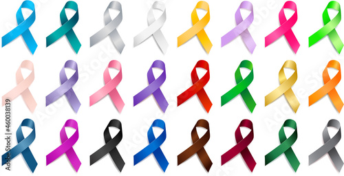 Set of realistic different color ribbon awareness ribbons. Elements for.design. Vector ribbon various colors isolated on white background.