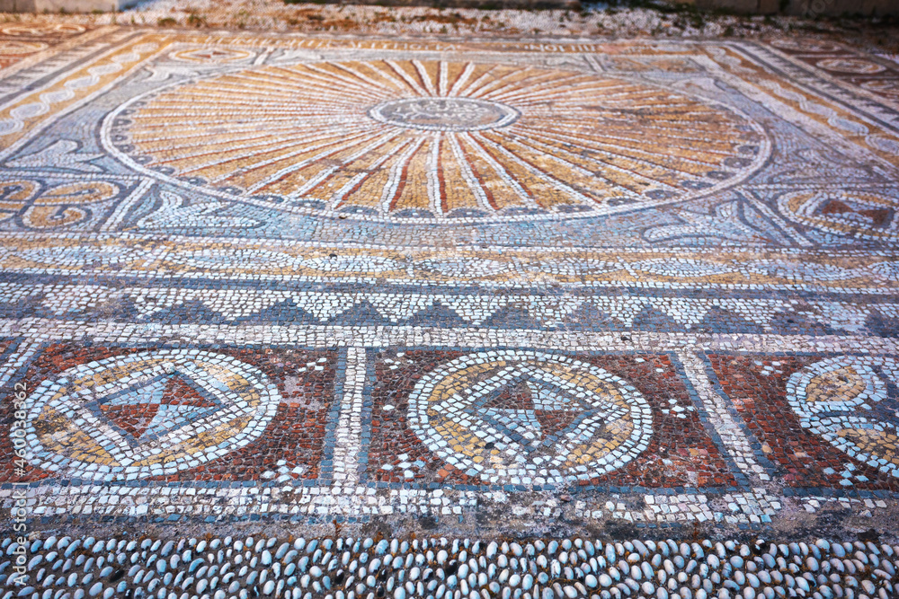 Mosaic on the floor in the Archaeological Museum in the old town of Rhodes, Greece