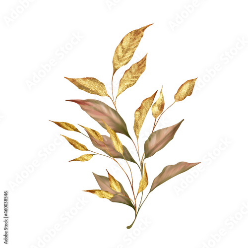 Floral illustration. Autumn leaf branches. Golden decorative elements