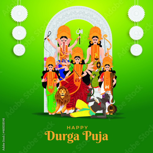 illustration of Goddess Durga with family including Lord Ganesha, Lakshmi, Saraswati, and Kartikeya in Happy Durga Puja Subh Navratri with Green Background
