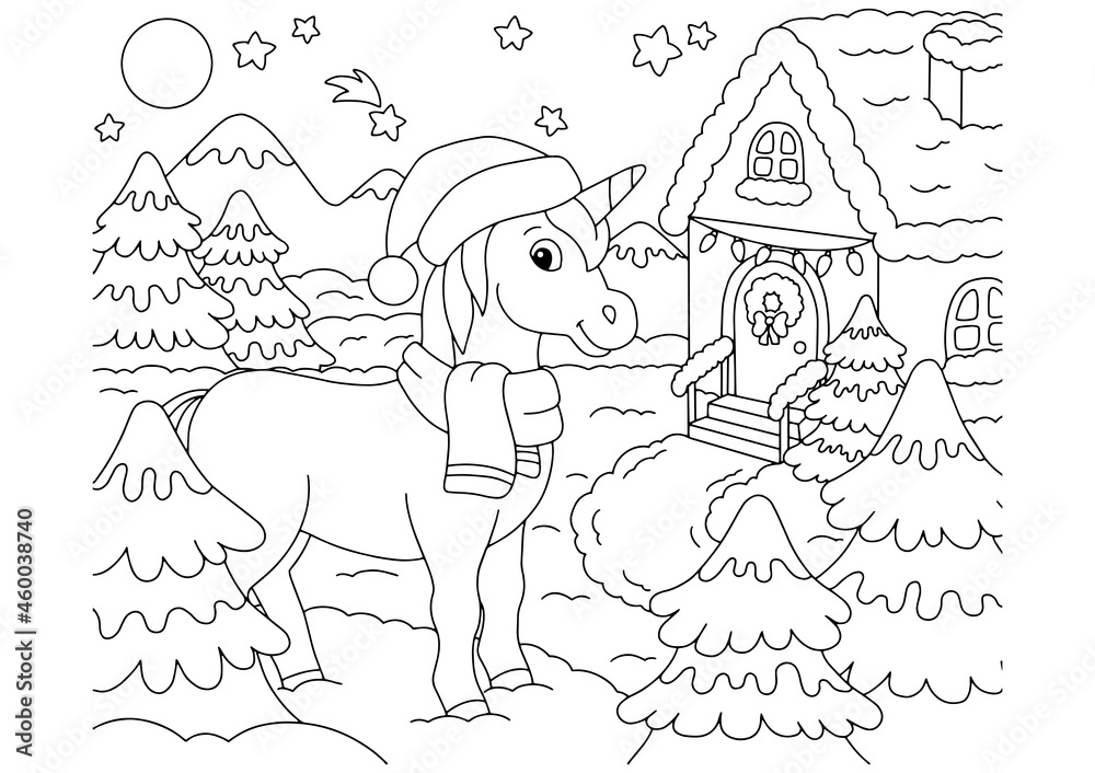 Magic fairy unicorn. Cute horse. Coloring book page for kids. Cartoon style character. Vector illustration isolated on white background.