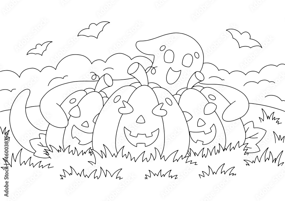 Fototapeta premium Cute ghost hugs pumpkins. Coloring book page for kids. Cartoon style character. Vector illustration isolated on white background. Halloween theme.