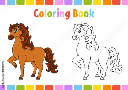 Cute horse. Farm animal. Coloring book for kids. Coon character. Vector illustration. Fantasy page for children. Black contour silhouette. Isolated on white background.