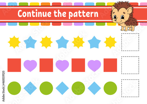 Continue the pattern. Education developing worksheet. Game for kids. Activity page. Puzzle for children. Riddle for preschool. Flat isolated vector illustration. Cute cartoon style.