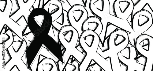 Black ribbon awareness, death symbol for mourning and melanoma support. World dancer day or prevention. Grieving ribbons concept.