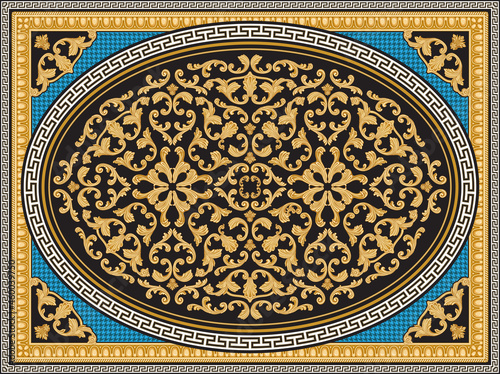 Vector carpet print on a turquoise hounds tooth background. Oval black rosette with Baroque golden scrolls, Elliptical gold frieze, Greek key pattern, meander border