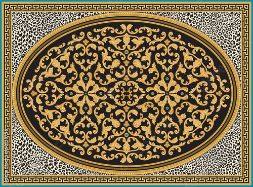 Vector carpet print on a beige leopard skin background. Fashionable pattern from elliptical gold frieze, Greek key pattern, meander border, turquiose. Oval black rosette with Baroque golden scrolls