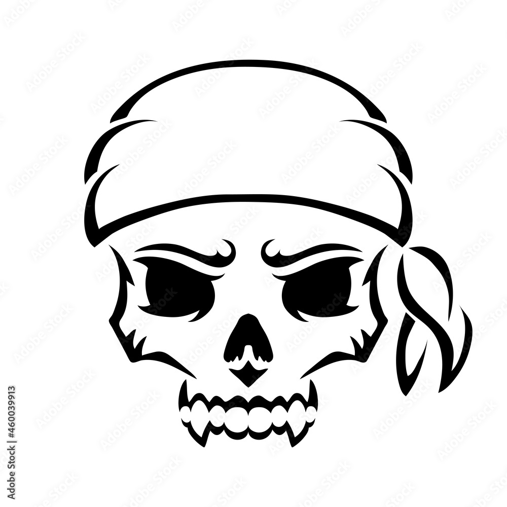 Angry skull pirate. Outline silhouette. Design element. Vector illustration isolated on white background. Template for books, stickers, posters, cards, clothes.