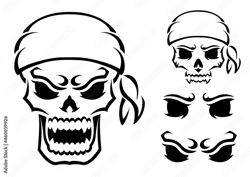 Angry skull. Outline silhouette. Design element. Vector illustration isolated on white background. Template for books, stickers, posters, cards, clothes. Angry skull. Outline silhouette. Design element. Vector illustration isolated on white background. Template for books, stickers, posters, cards, clothes.