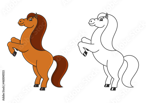 Coloring book for kids. Horse reared up. The farm animal stands on its hind legs. Cartoon style. Simple flat vector illustration.