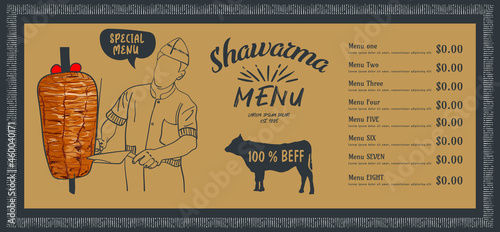 Shawarma cooking and ingredients for kebab. Doner kebab hand drawn. Fast food menu design elements. Restaurant cafe menu, template design. Food flyer. Vector.