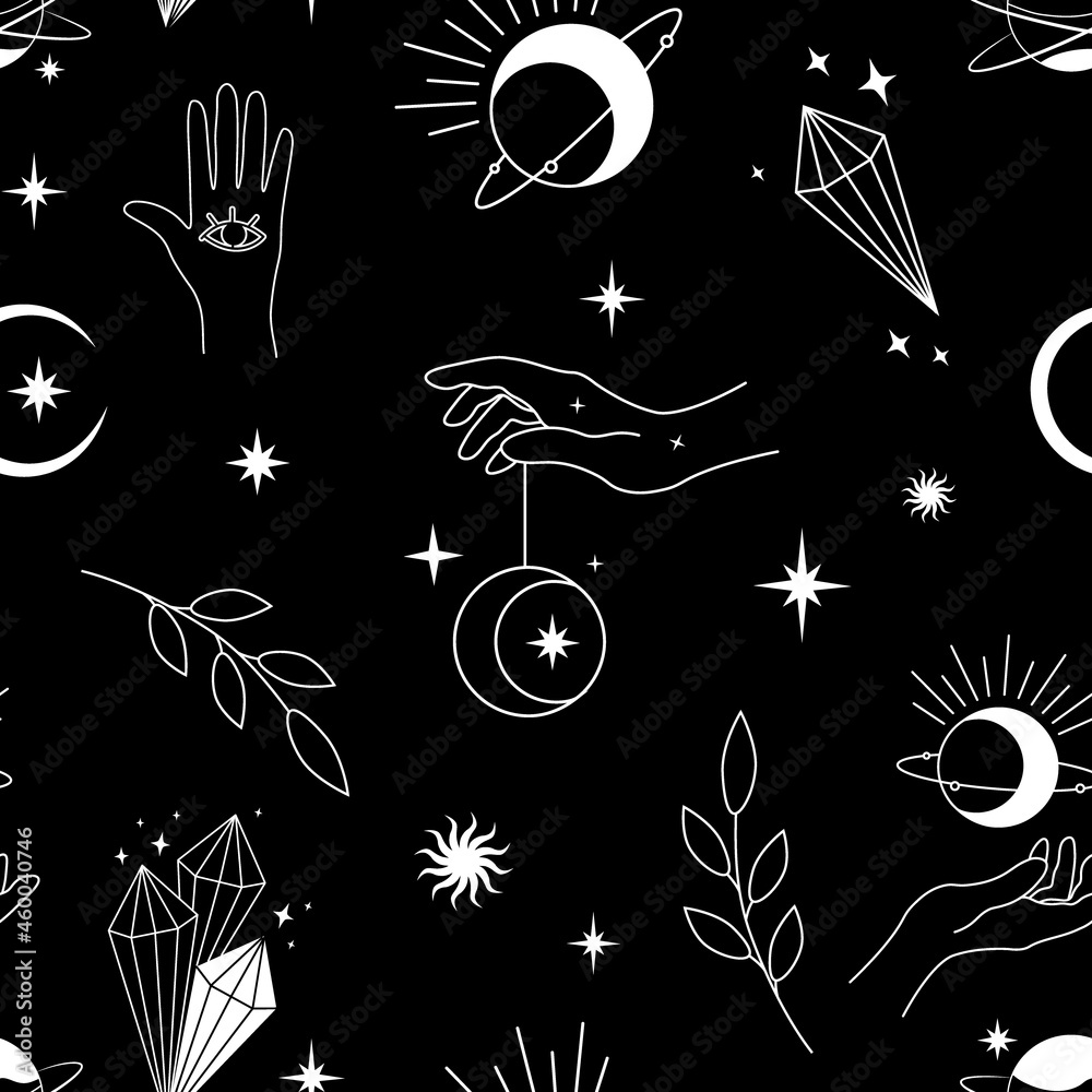 Celestial seamless pattern with sun, moon and stars. Black background