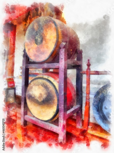 large ancient musical instrument watercolor style illustration impressionist painting.
