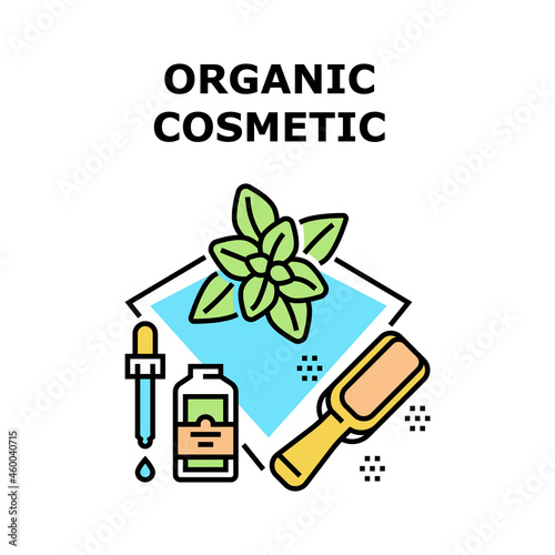 Organic Cosmetic Vector Icon Concept. Organic Cosmetic And Essential Aromatic Liquid Prepared From Natural Herbal Ingredients With Professional Wooden Tool. Beauty Cosmetology Color Illustration