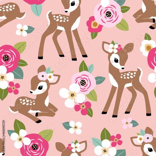Seamless vector pattern with cute 
vintage fawn on pink floral background. Perfect for textile, wallpaper or print design. 

