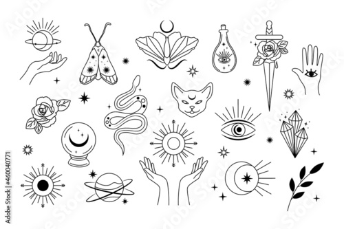 Set of celestial design elements. Moth, rose, sun, moon, snake, dagger, hand. Line art