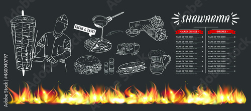 Shawarma cooking and ingredients for kebab. Doner kebab hand drawn. Fast food menu design elements. Restaurant cafe menu, template design. Food flyer. Vector.