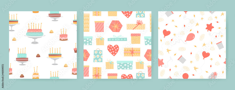 Collection of seamless birthday patterns with gift boxes, cakes, sweets and balloons isolated on white background.